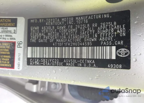 2017 Toyota Camry Le из США, поврежденный, VIN 4T1BF1FK2HU344595